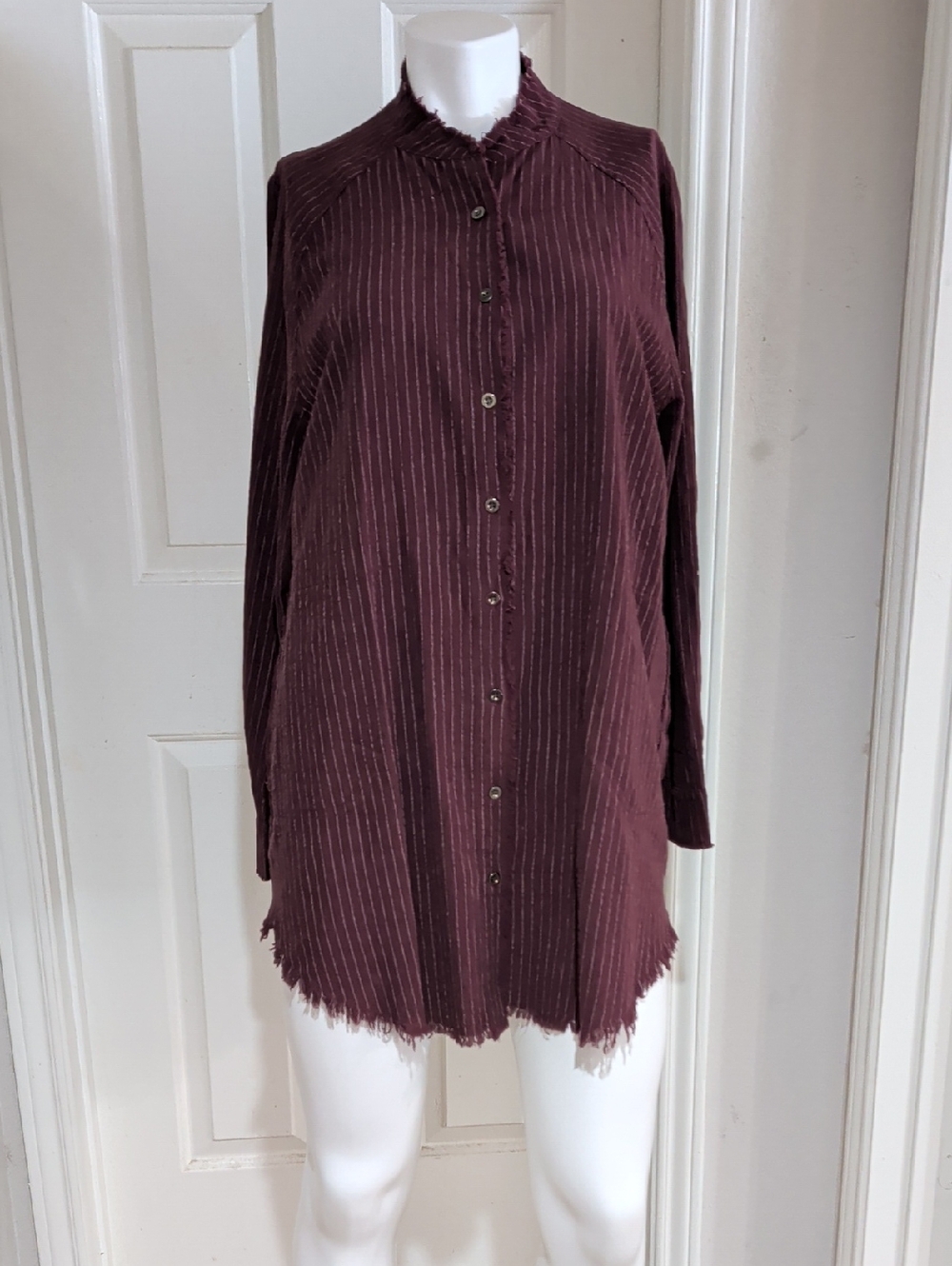 Paintcolors Frayed Hem Button-Up Tunic Mini Dress in Deep Wine Women's Large